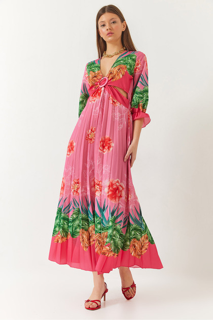 Rochie de damă roz, cu decolteu în V, cu pliuri și model, cu detaliu tip fereastră 22254 60261436