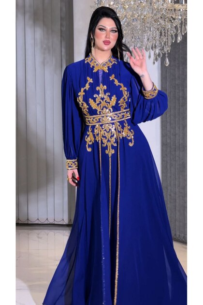 Zena Fashion Gold Embroidered Prevailing Neckline Belted Evening Dress
