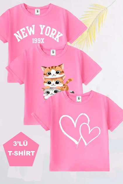Heart Printed 3 Pack Pink Girl's T-Shirt