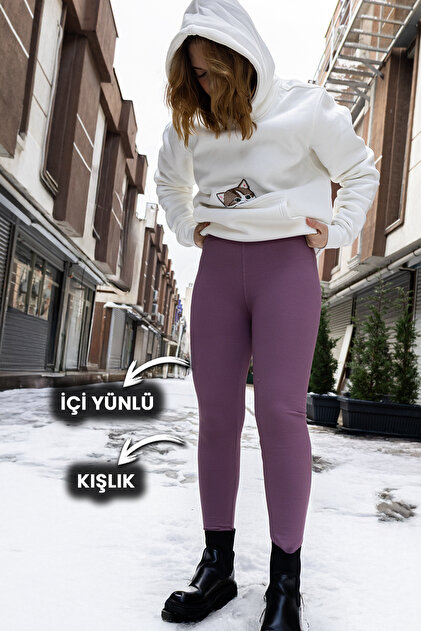 Yüksek Bel, Fitilli, Içi Yünlü Tayt Toparlayıcı Interlok Beli Lastikli Örme Spor Tayt Gül Kurusu