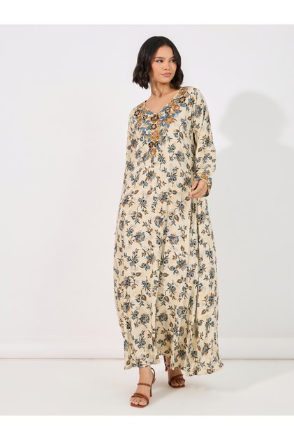 Floral Print Rayon Mukhawar Jalabiya with Handwork