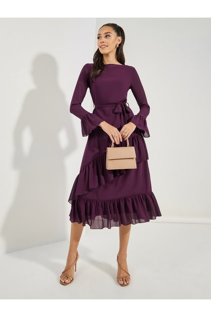 Asymmetric Overlay Ruffled Midi Dress
