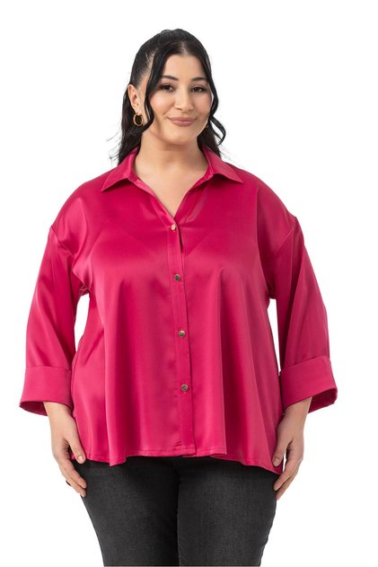 Large Size Double Fold Three Quarter Sleeve Satin Fuchsia Shirt