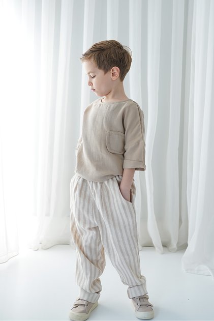 Taupe White Striped Linen Carrot Pants + Taupe Muslin Pocket Detail Shirt