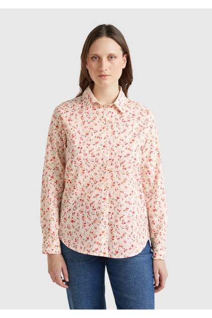 Women's Beige 100% Cotton Patterned Cuffed Regular Fit Muslin Shirt