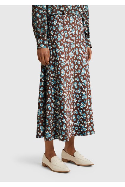 Women's Brown Viscose Mixed Patterned Long Skirt