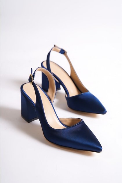 Women's Navy Satin Asymmetric Strapped Pointed Toe Block Heel Shoes