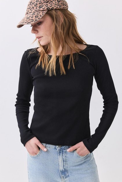 Women's Boat Neck Ribbed Long Sleeve Blouse Black 9022