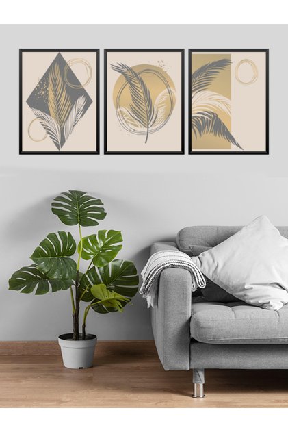 3 Parça Modern Tarzı Sanatsal Ahşap Çerçeve Görünümlü Tablo Seti