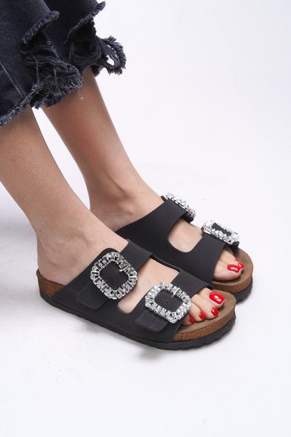 Phoebe Cara Women's Stoned Double Buckle Slippers 0012555 Matte Black
