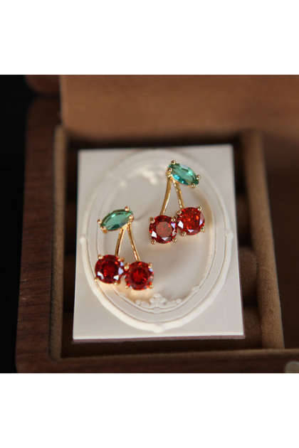 zz-18 2024 Red Zircon Cherry Leaf Stud Earrings Women Piercing Jewelry For Fashion Crystal Dangle Pa