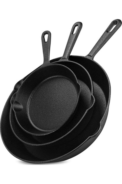 Cast Iron Skillet Set 3-Piece - 15 cm, 20 cm and 25 cm, Pre-Seasoned, Black