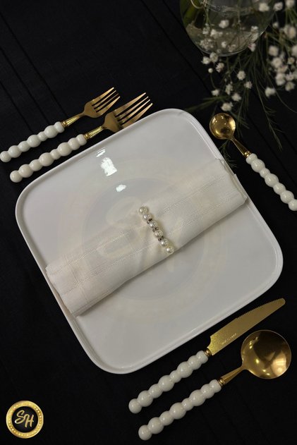 6 Pieces Gold White Pearl Stone Detailed Dessert Fork Set | 6 Piece Luxury Dessert Cutlery Set