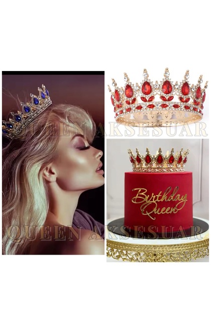 Full Circle Metal Ring with Crystal Stones, King Queen Crown, Cake Bun, Bride Head Engagement Crown, Red.