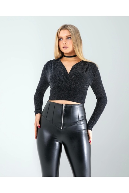 Double Breasted Collar Sequin Blouse