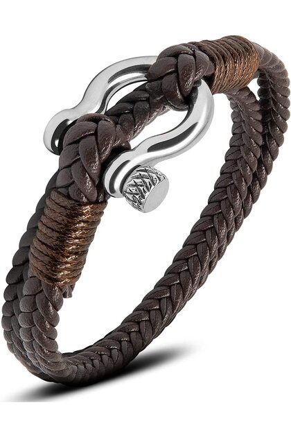 Brown Kirykle Nautical Bracelets for Men Multilayer Leather Bracelets with Stainless Steel Anchor Sh