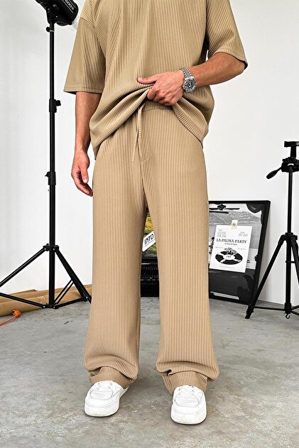Beige Ribbed Baggy Trousers