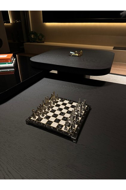 Luxury Marble Patterned Chess Set - Iron Cast Heavy Stone, Decorative and Stylish Design 27.5X27.5 cm