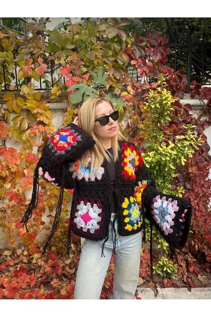 Knitted Bohemian Cardigan, Hand Knitted Cardigan, Crochet Oversize Cardigan, Motif Cardigan