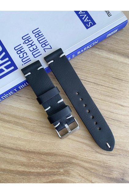El Dikişi Siyah Beyaz Mumlu İp Gerçek Deri Saat Kordonu. Hakiki Deri. 20,22,24,26mm.