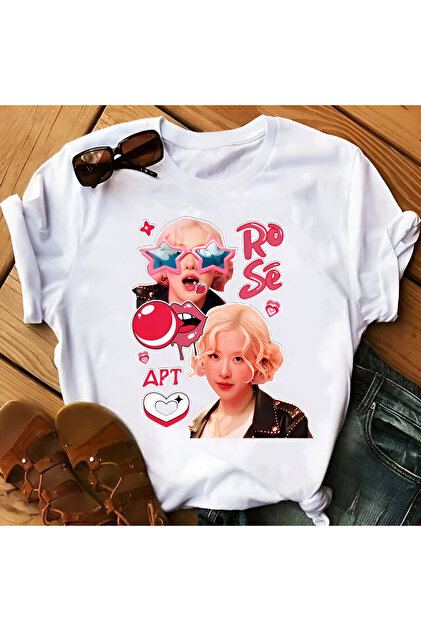 MECH BUTİK Blackpink Rose Apt Baskılı Siyah Beyaz Tişört T-shirt