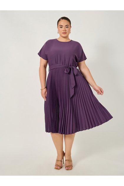 Plus Size A-Line Pleated Midi Dress with Waist Tie Detail
