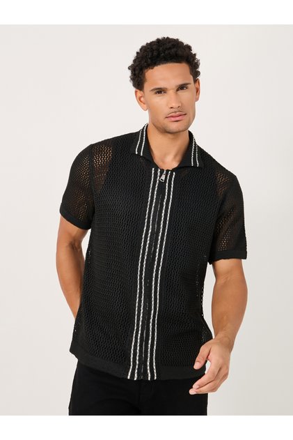 Contrast Border Placket Relaxed Crochet Knit Shirt