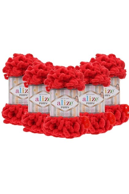 ( 5 Adet ) Puffy El Örgü Ipliği 5'li Paket - 56 Kırmızı - 100 Gr. 9 Mt. Parmak Örgü Ipi