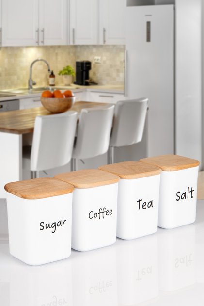 4-Piece Wooden Vacuum Lid Square Acrylic Tea Sugar Coffee Salt Food Storage Container 900 ml