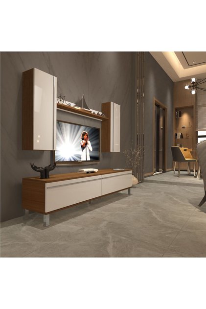 Eko 7 Mdf Std Krom Ayaklı Tv Ünitesi Tv Sehpası - Ceviz - Beyaz