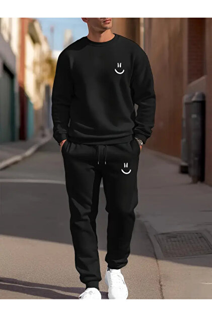Smiling Printed Crew Neck Bottom Top Suit Oversize Tracksuit Set