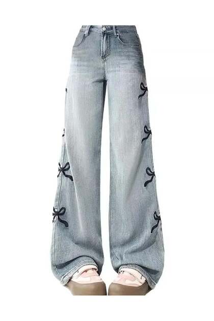 Touz Moda Y2k Ribbon Detail Bol Paça Yıkamalı Pantolon Jean