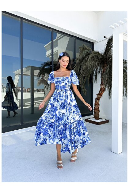blue dress mamma mia Balloon Sleeve Pleated Flowing Floral Chiffon A-line Wedding Dress