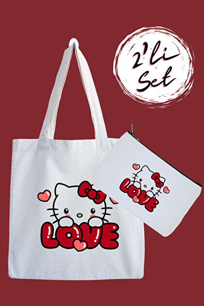 designedfy Hello Kitty Love Su Geçirmez Bez Çanta ve Kalemlik 2'li