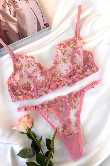 Valentine's Day Special Underwire Breast Lift Pink Floral Bra Set