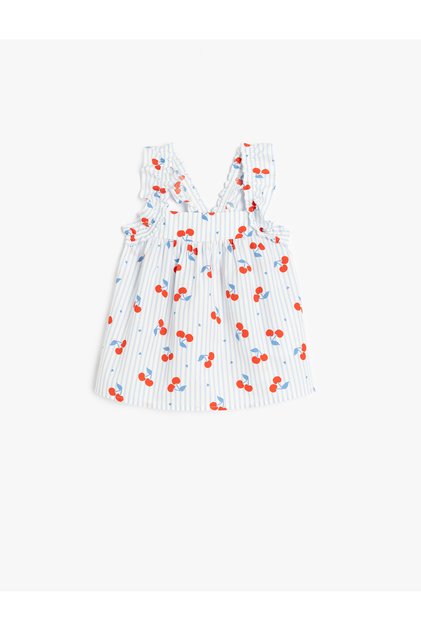 Square Neck Ruffle Detailed Cherry Printed Cotton Blouse