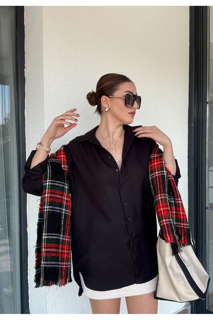 Oversize Büyük Beden Ve Tesettüre Uygun Arka Çift Pens Keten Gömlek Siyah