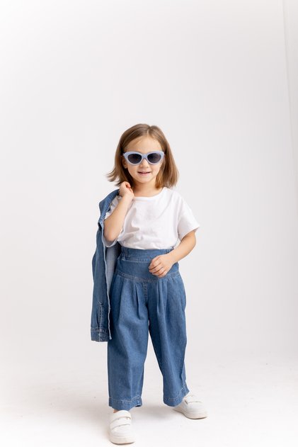 Pleated Elastic Waist Girls' Jeans Blue