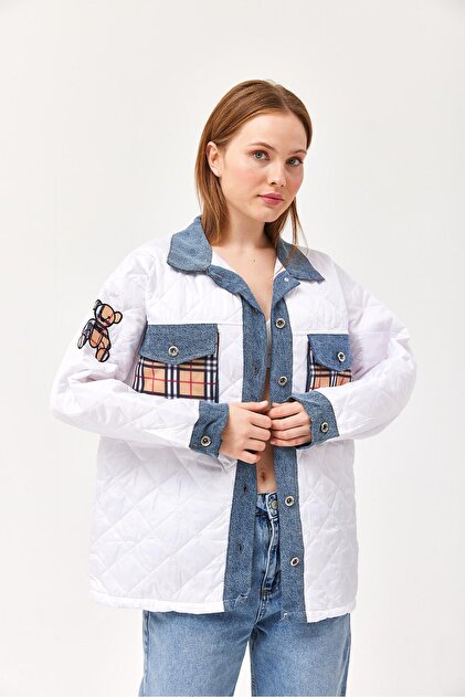Quilted Jacket with Sleeve and Pocket Denim Detail White