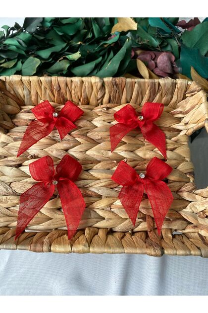 Red Linen Ribbon Ready Bow with Gold Stones -25 Pieces