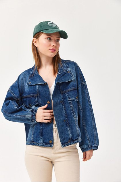 Balloon Sleeve Cover Pocket Denim Jacket Navy Blue