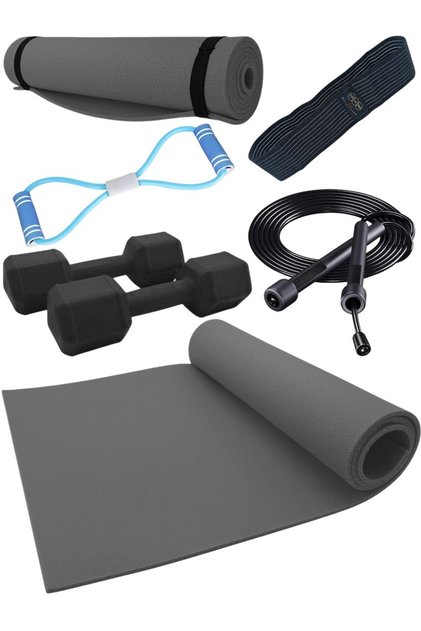 6 Pieces Pilates Mat Squat Band 1 kg Dumbbell Jump Rope Chest Elastic Complete Set