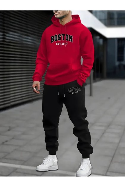 طقم بدلة رياضية مطبوعة للرجال من BOSTON - طقم بدلة رياضية بغطاء للرأس