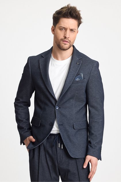 Miller Men's Navy Blue Oversize Large Size Denim Look Cotton Lycra Stretching Fabric Blazer Jacket