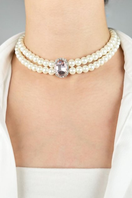 Crystal Tipped Pearl Choker Necklace - Pink