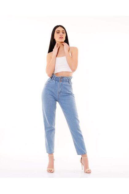 By-3501 Women's Ice Blue Waist Elastic High Boyfriend Jeans Blue Belt Drawstring Mom Pants
