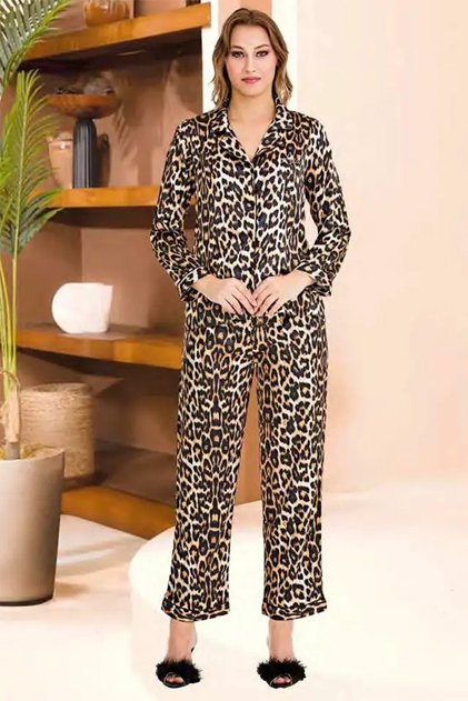 Leopard Buttoned Satin Pajama Set