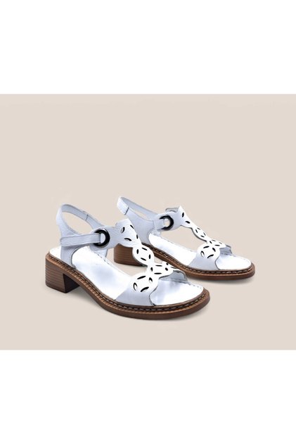 Genuine Leather Velcro Women's White Heeled Sandals