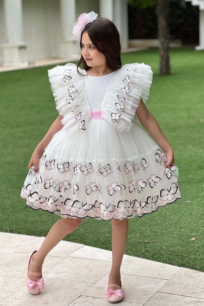 Girl's Zero Sleeve Shoulder Ruffled Skirt with Butterfly Patterns Tulle White Evening Dress