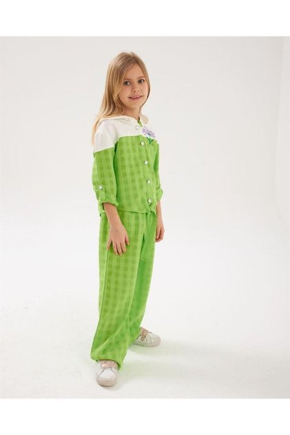 Girl's Pearl Buttoned Embroidery Detailed Tied Front Shirt Checkered Pants Set of 2